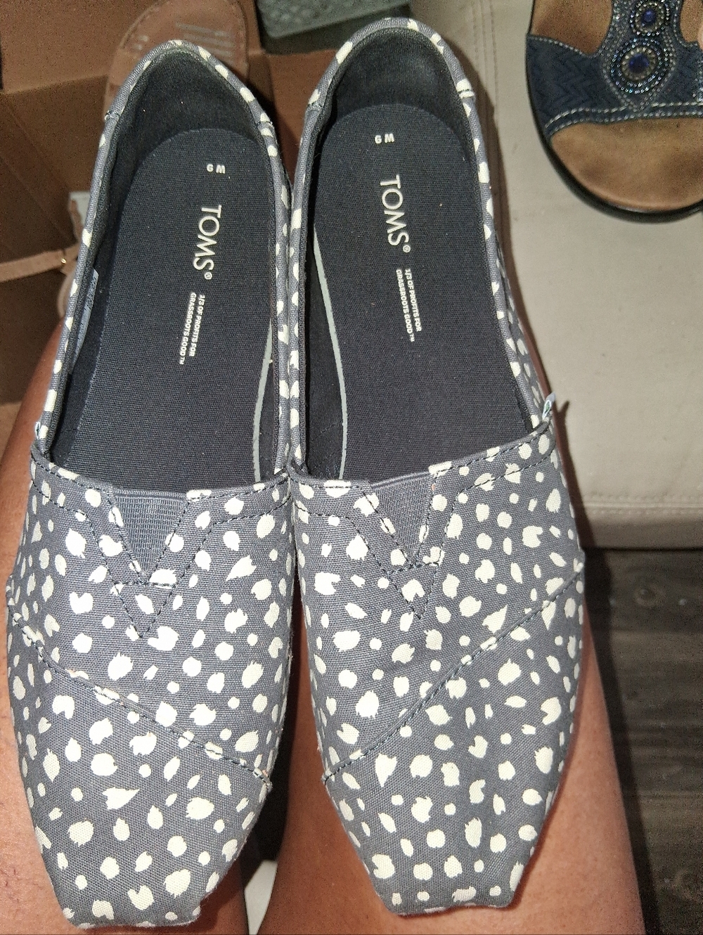 TOMS Women's Navy Blue Slip-On Flats with White Dot Print